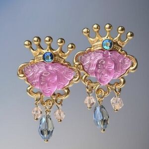 Matte Gold Fairytale Queen Crown AB Crystal Dangle Earrings